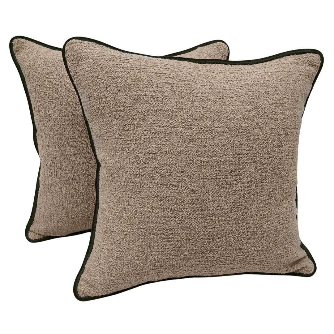 Beige Bouclé Pillow Covers with Green Piping (16x16, Set of 2) | ZIPCushions