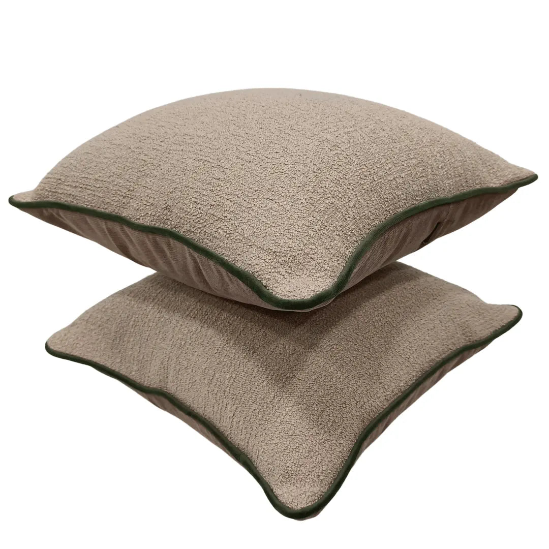 Beige Bouclé Pillow Covers with Green Piping (16x16, Set of 2) | ZIPCushions - view 2