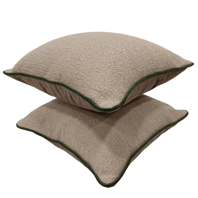 Beige Bouclé Pillow Covers with Green Piping (16x16, Set of 2) - Alternate image