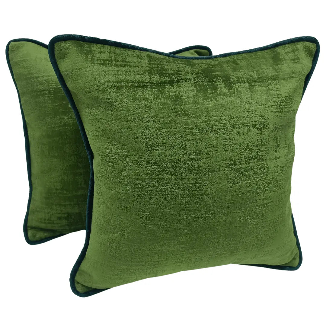 Elegant Green Textured Fabric Pillow Covers with Blue Piping (16x16, Set of 2) | ZIPCushions