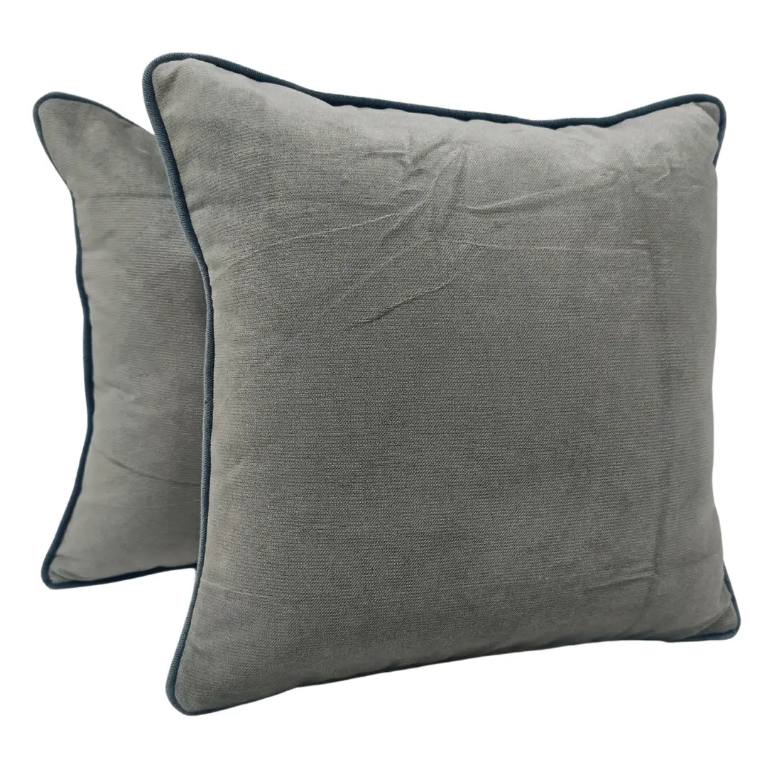 Two-Tone Grey Velvet Pillow Covers with Blue Piping (16x16, Set of 2) | ZIPCushions