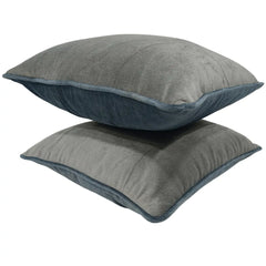 Two-Tone Grey Velvet Pillow Covers with Blue Piping (16x16, Set of 2) - Hover Image
