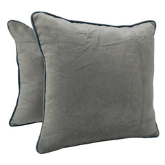 Two-Tone Grey Velvet Pillow Covers with Blue Piping (16x16, Set of 2)