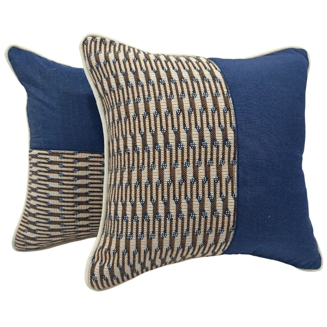 Blue and Beige Patterned Pillow Covers with Contrast Piping (16x16, Set of 2) | ZIPCushions