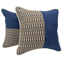 Blue and Beige Patterned Pillow Covers with Contrast Piping (16x16, Set of 2)