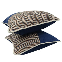 Blue and Beige Patterned Pillow Covers with Contrast Piping (16x16, Set of 2) - Hover Image
