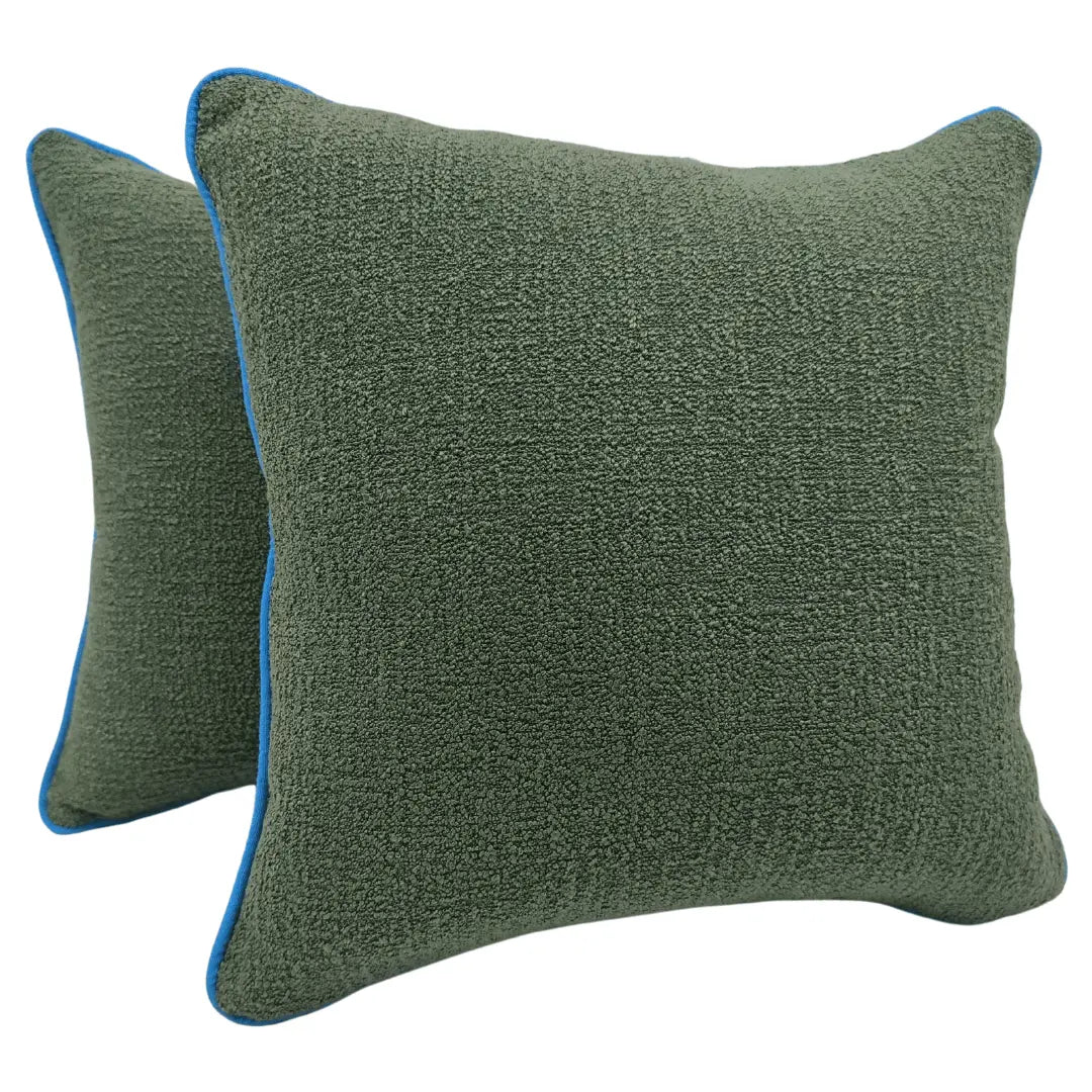 Green Bouclé Pillow Covers with Blue Piping (Set of 2, 16x16) | ZIPCushions - view 3