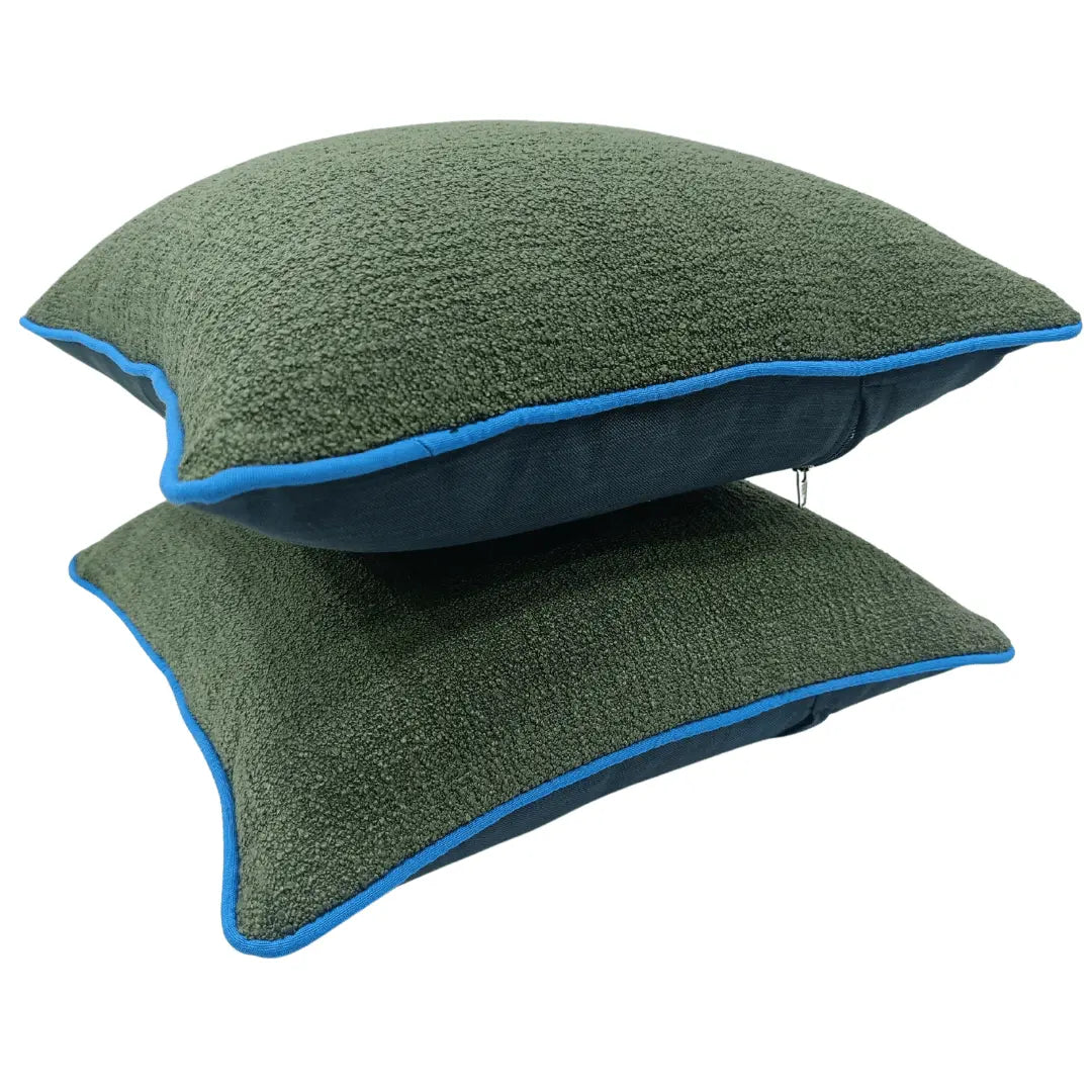 Green Bouclé Pillow Covers with Blue Piping (Set of 2, 16x16) | ZIPCushions