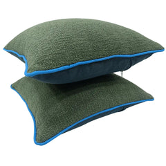 Green Bouclé Pillow Covers with Blue Piping (Set of 2, 16x16)