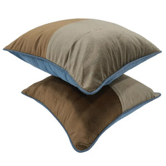 Earthy Beige & Blue Velvet Pillow Covers (16x16, Set of 2) - Hover Image