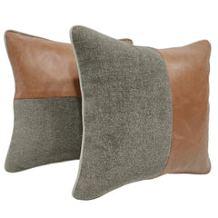 Brown Leather & Warm Taupe Pillow Covers (16x16, Set of 2)