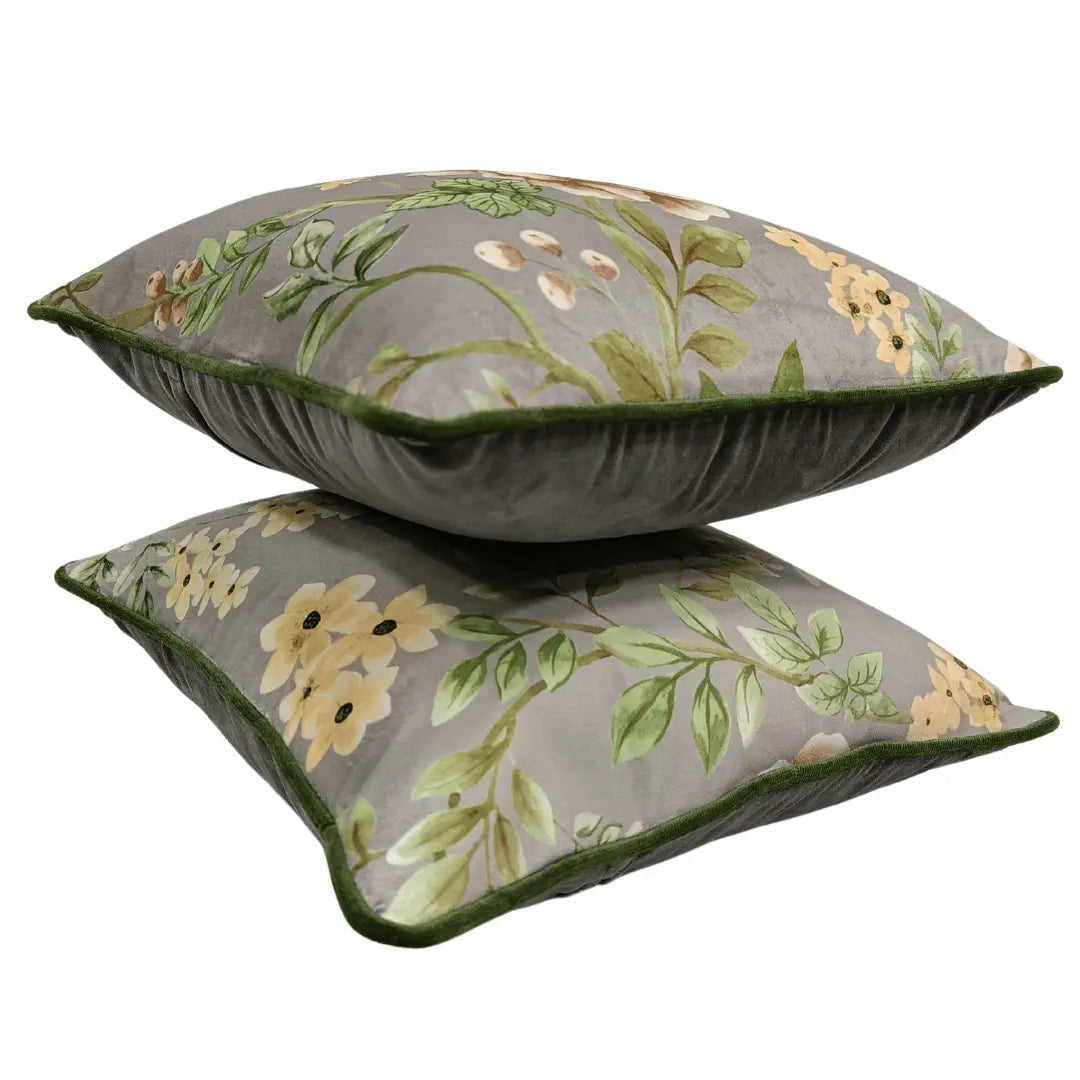 Grey & Green Floral Velvet Pillow Covers (16x16, Set of 2) | ZIPCushions