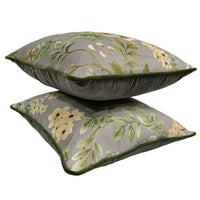 Grey & Green Floral Velvet Pillow Covers (16x16, Set of 2)