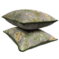 Grey & Green Floral Velvet Pillow Covers (16x16, Set of 2)