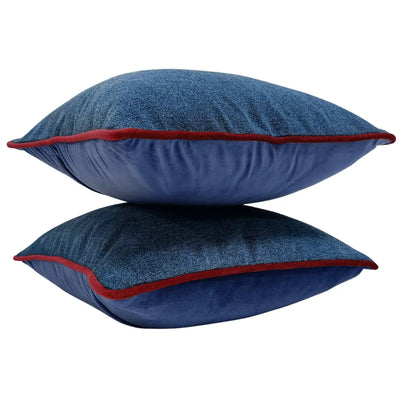 Luxe Blue Chenille Pillow Covers with Red Piping (16x16, Set of 2) - Alternate image