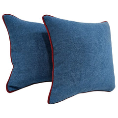 Luxe Blue Chenille Pillow Covers with Red Piping (16x16, Set of 2)
