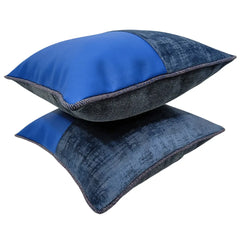 Blue Leather and Velvet Dual Tone Pillow Covers (16x16, Set of 2) - Hover Image