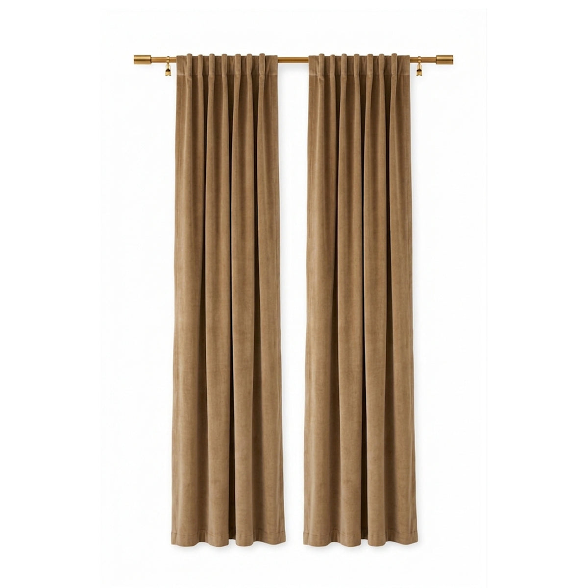 A pair of taupe-brown curtain panels hanging from a gold curtain rod against a plain white background. - view 3