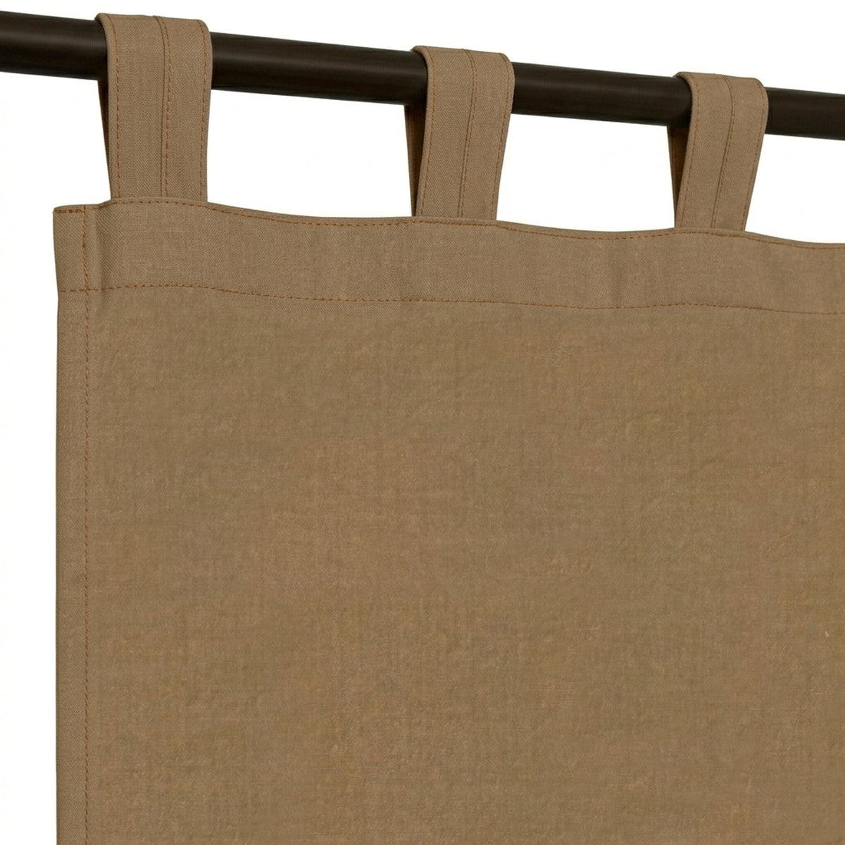 A close-up of a tan canvas or linen curtain panel hanging from a dark rod with four fabric loops. - view 5