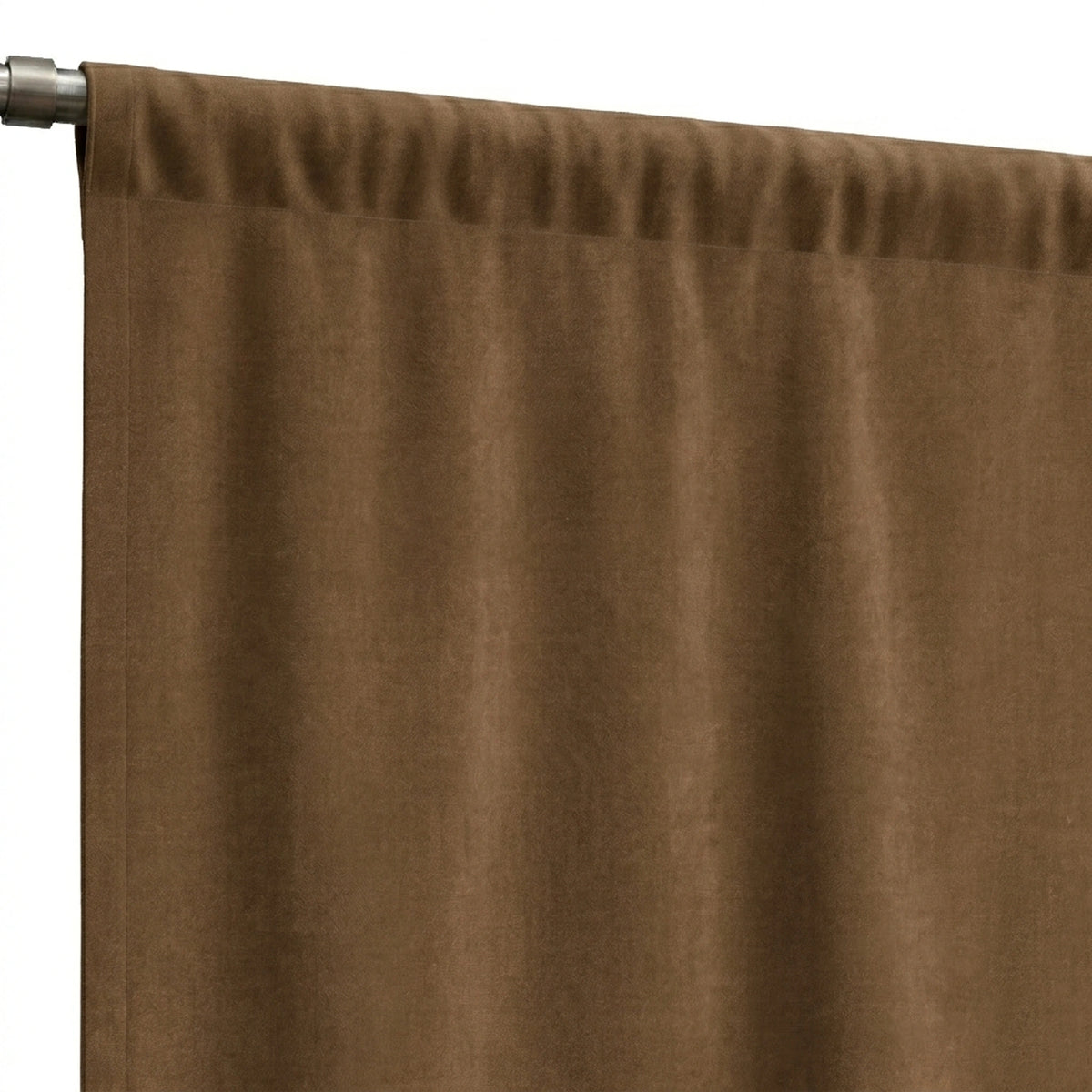 A close-up of a brown curtain panel hanging from a metal rod, showing the fabric texture and pleated top header against a white background. - view 6