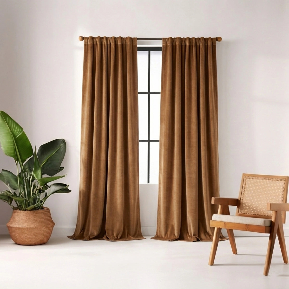 A pair of floor-length brown curtain panels hanging on a rod over a window in a bright room, with a potted plant on the left and a wooden chair on the right.