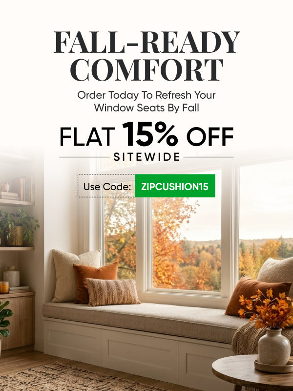 window seat cushions in fall theme, beige and rust color seating pads and throw pillows