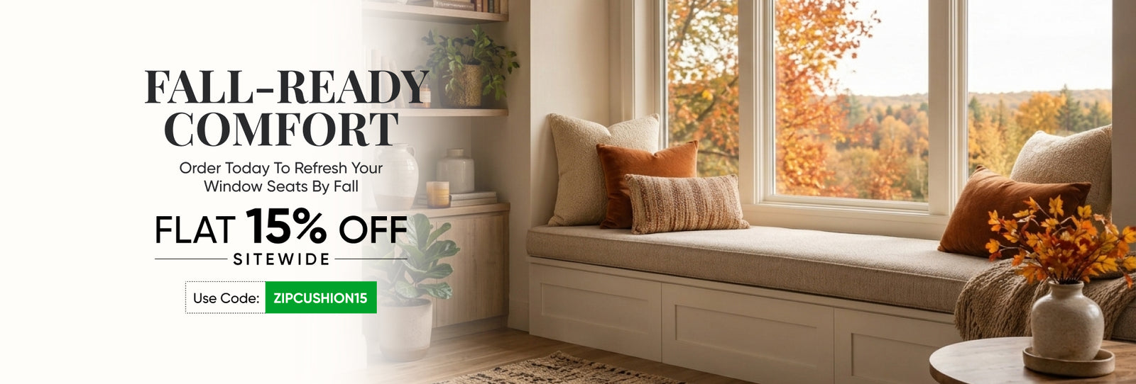 window seat cushions in fall theme, beige and rust color seating pads and throw pillows