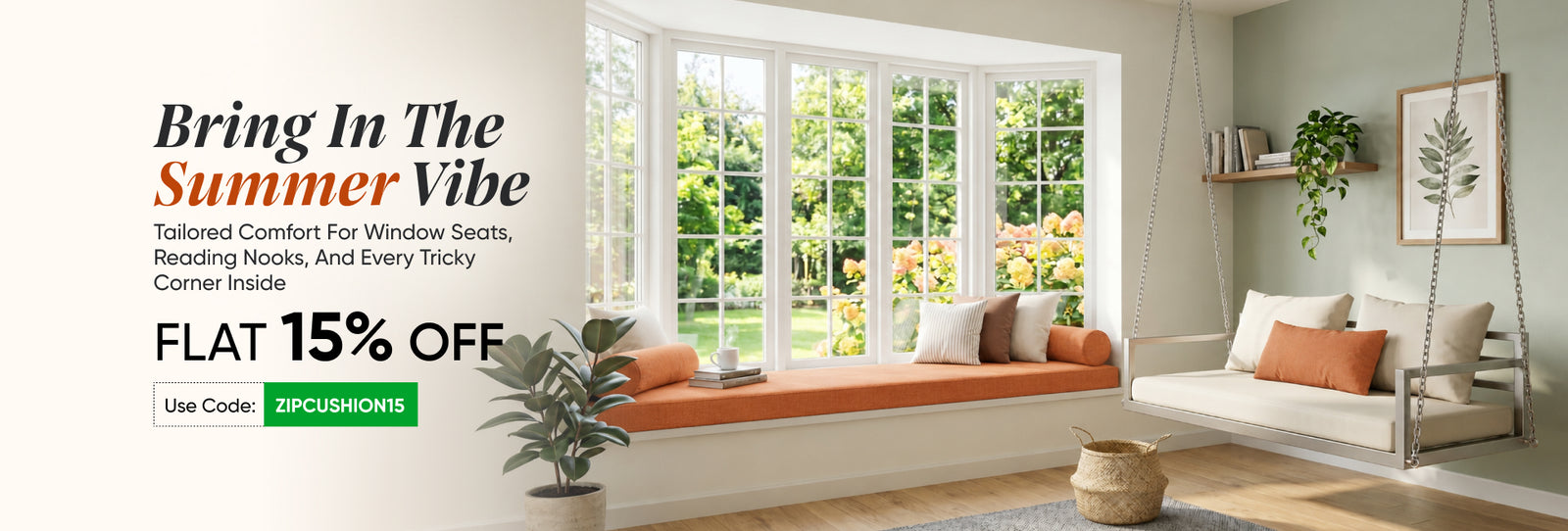 Custom window seat cushions in terracotta on a bay window reading nook