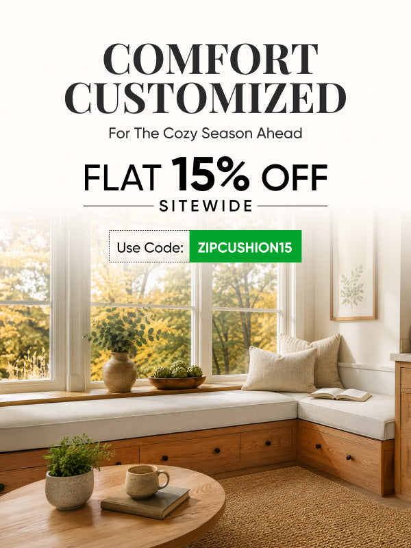 ZIPCushions home page banner - Window seat cushion setup in neutral colors with a fall feel mobile