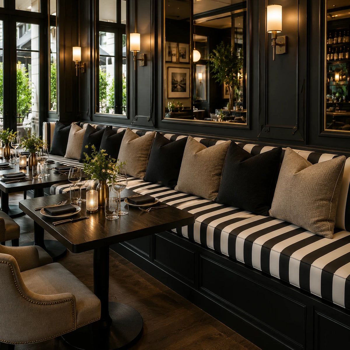 A luxury restaurant interior featuring a long black-and-white striped upholstered banquette with black accent pillows, dark wood tables, warm wall sconces, and large windows. - view 3