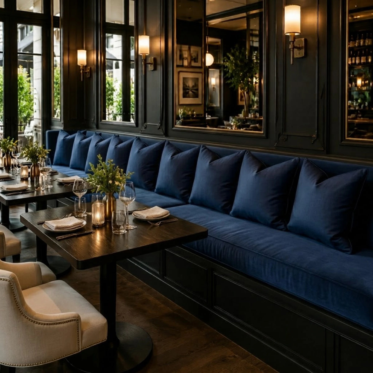A long upholstered banquette in deep navy blue velvet with matching pillows, set in a dark wood-paneled restaurant or lounge with tables, chairs, wall sconces, and mirrors.