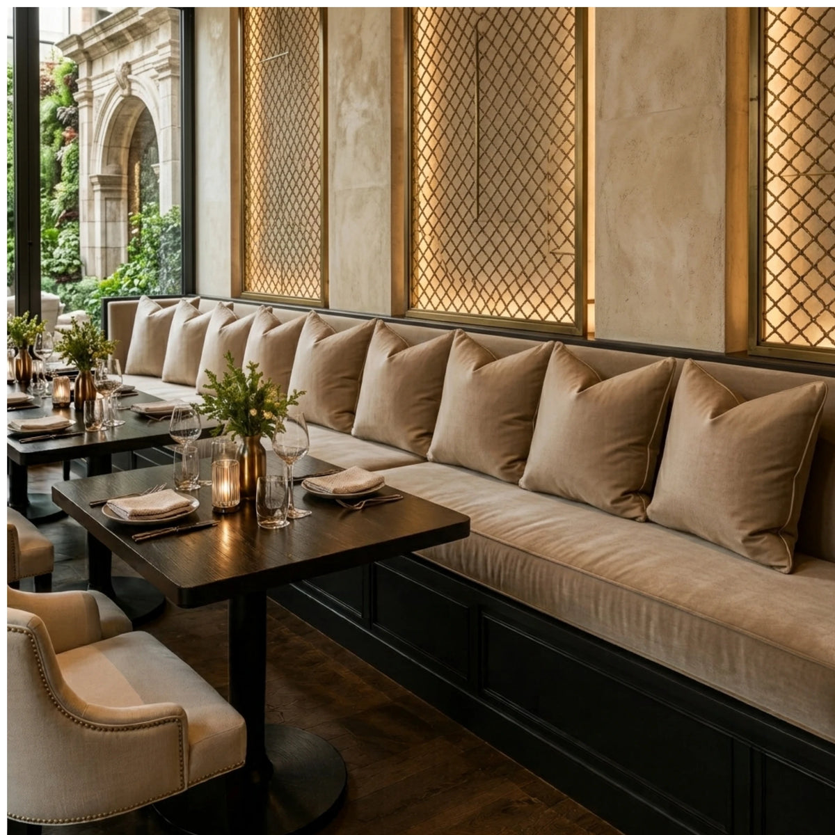 A long upholstered banquette seating nook in a restaurant or lounge, with beige cushions, dark wood tables, and warm architectural screens in the background. - view 4