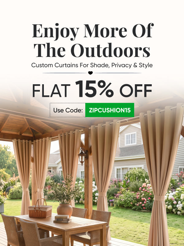 ZIPCushions homepage banner - beige color outdoor curtains and dining cushions, a garden setup