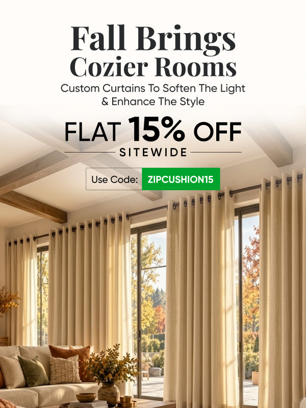 fall theme indoor curtains setup, 15% off with code ZIPCUSHION15 