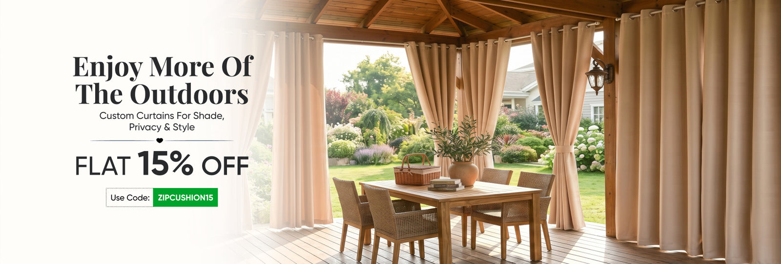 ZIPCushions homepage banner - beige color outdoor curtains and dining cushions, a garden setup