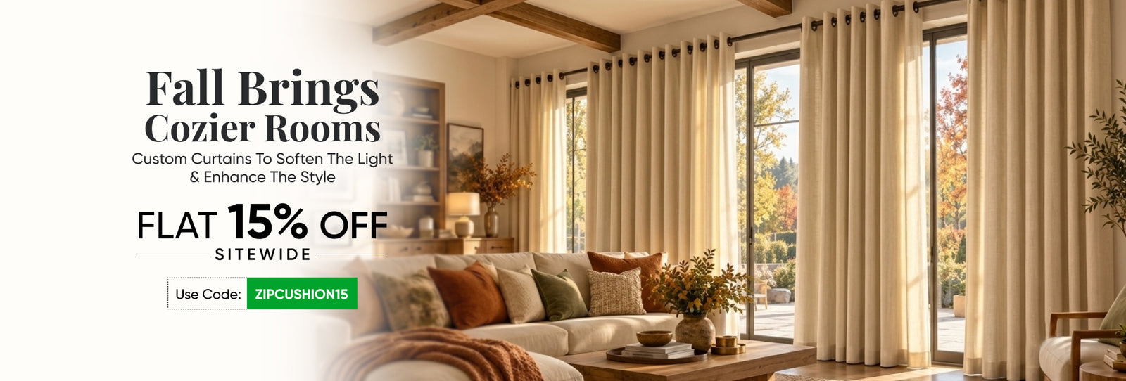 fall theme indoor curtains setup, 15% off with code ZIPCUSHION15 