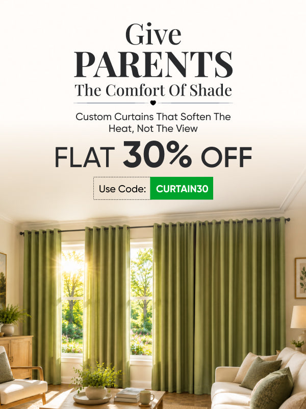 green color UV-resistant curtains setup with beige color couch seat cushions
