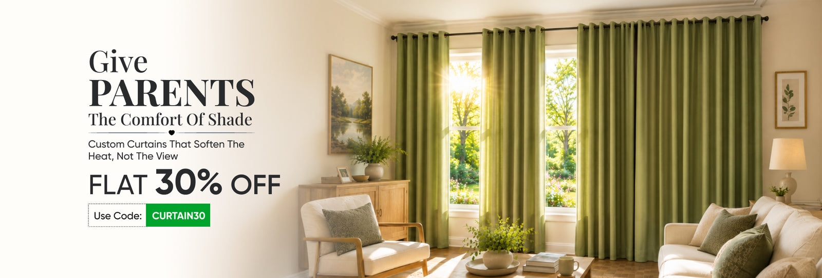 green color UV-resistant curtains setup with beige color couch seat cushions