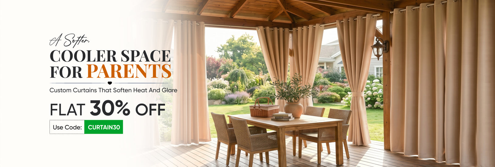 Beige color UV-resistant curtains with a dining pergola setup, parents’ day special