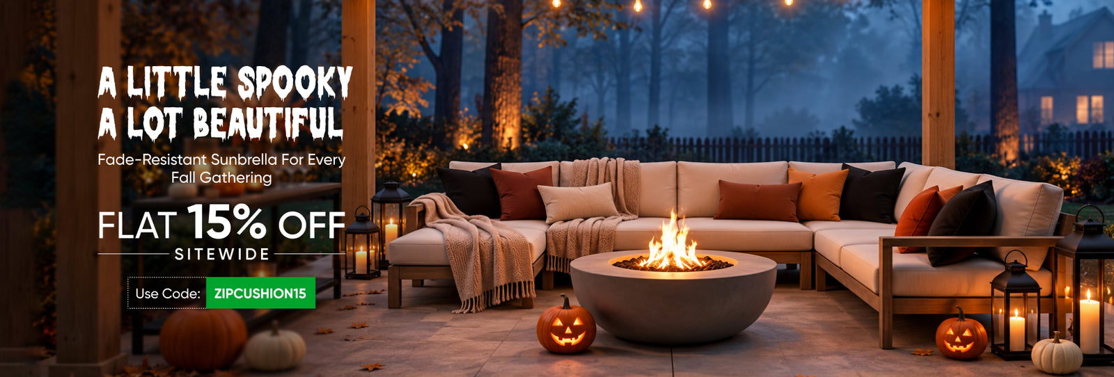 ZIPCushions Sunbrella cushions on a fire pit sectional with fall pillows and jack-o'-lanterns, 15% off sitewide