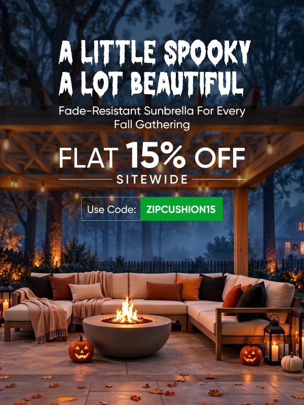 ZIPCushions Sunbrella cushions on a fire pit sectional with fall pillows and jack-o'-lanterns, 15% off sitewide