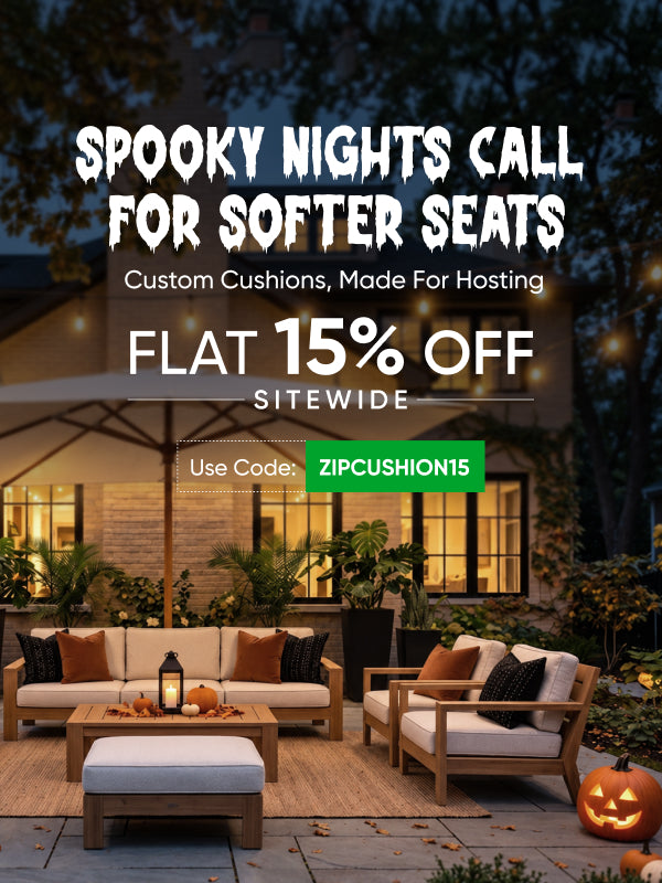 Cream patio cushions with jack-o’-lanterns at dusk; Flat 15% off custom cushions, code ZIPCUSHION15