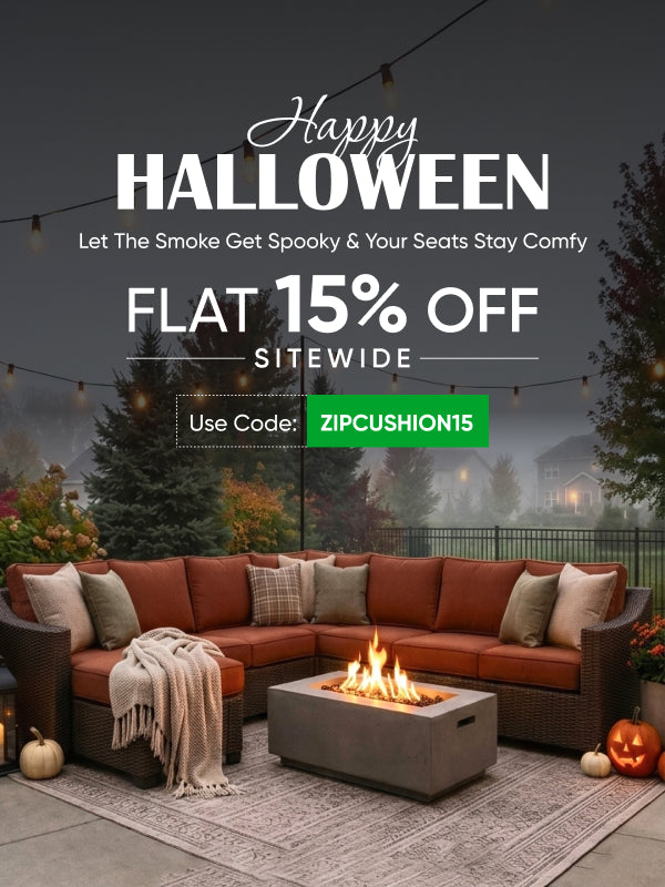 ZIPCushions Halloween sale: cozy outdoor sectional with cushions around a fire pit on a foggy patio. Flat 15% off, code ZIPCUSHION15
