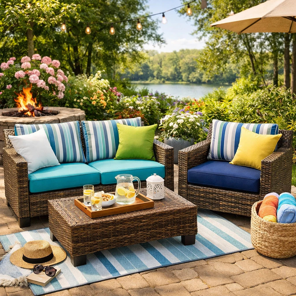Custom outdoor seat cushions in turquoise on wicker patio furniture with fire pit and string lights - view 3