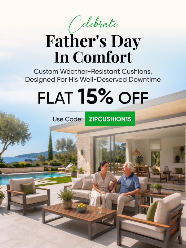 ZIPCushions Father’s Day mobile banner with outdoor seating, poolside setting, and 15% off custom weather-resistant cushions.