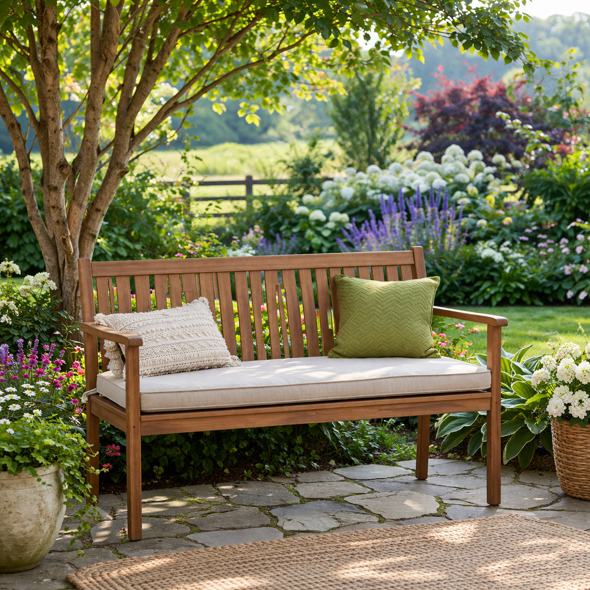 Garden retreat with wooden bench with cushion - view 2