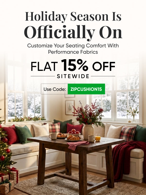 Cream and plaid cushions in a holiday breakfast nook; Flat 15% off custom cushions, code ZIPCUSHION15