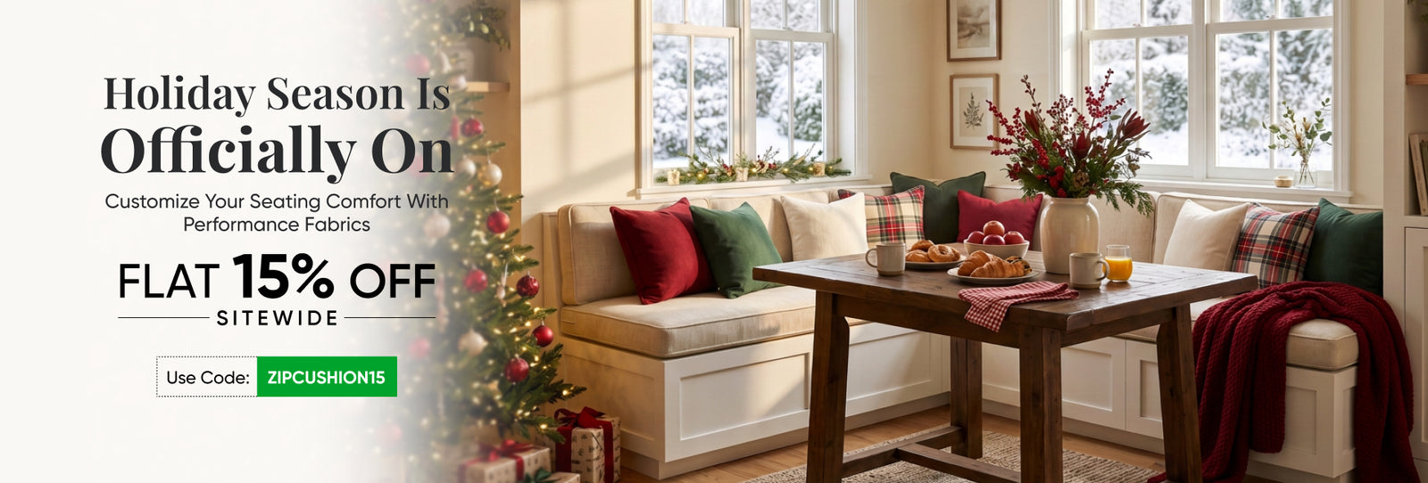 Cream and plaid cushions in a holiday breakfast nook; Flat 15% off custom cushions, code ZIPCUSHION15
