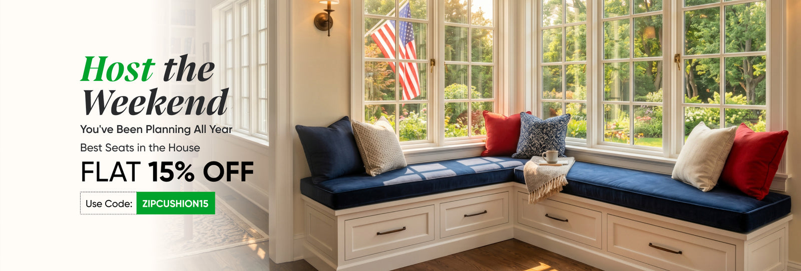 Memorial Day weekend sale banner featuring a navy window seat with colorful indoor cushions and an American flag view, promoting flat 15% off with code ZIPCUSHION15