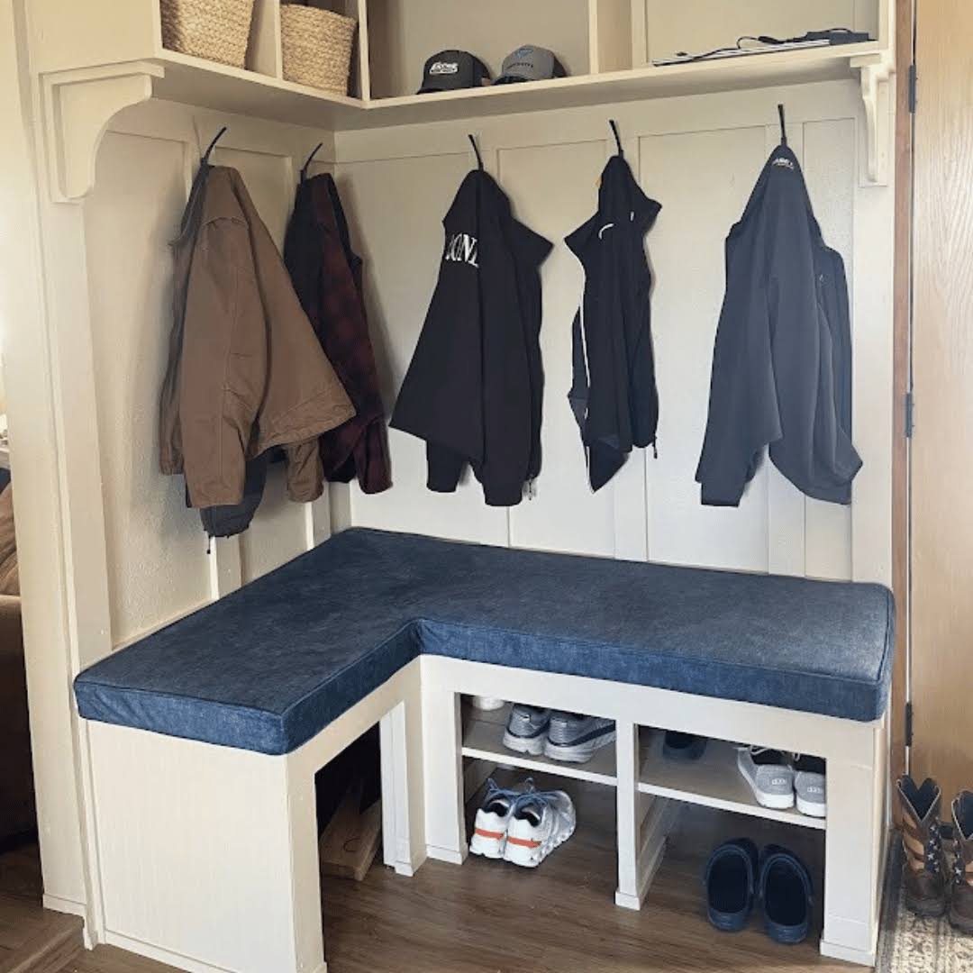Mudroom with coat hooks, bench, and shoe storage | Corner Bench Cushions Indoor - Image 2 | ZIPCushions - view 3